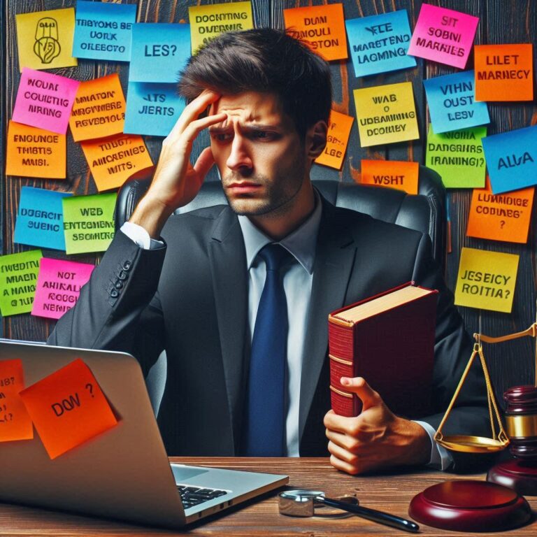 Un abogado se muestra confundido frente a su laptop sin poder mejorar su marketing digital, esta considerando una consultoría