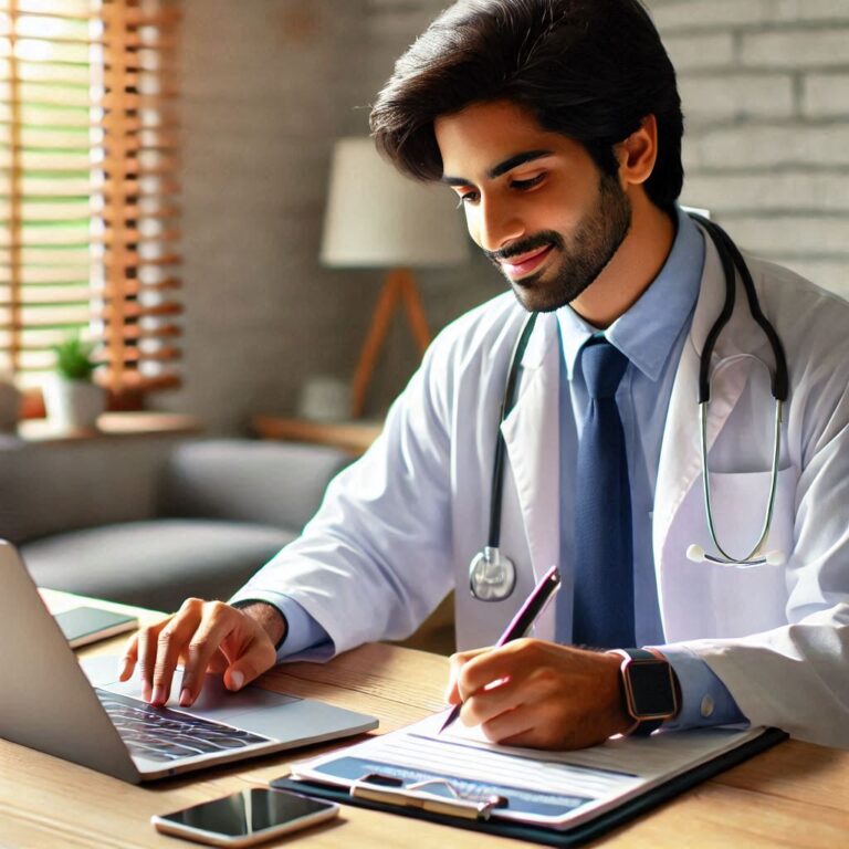 Un profesional de la salud, con su laptop viendo la publicidad de su página web online, muy feliz por los resultados de su agencia