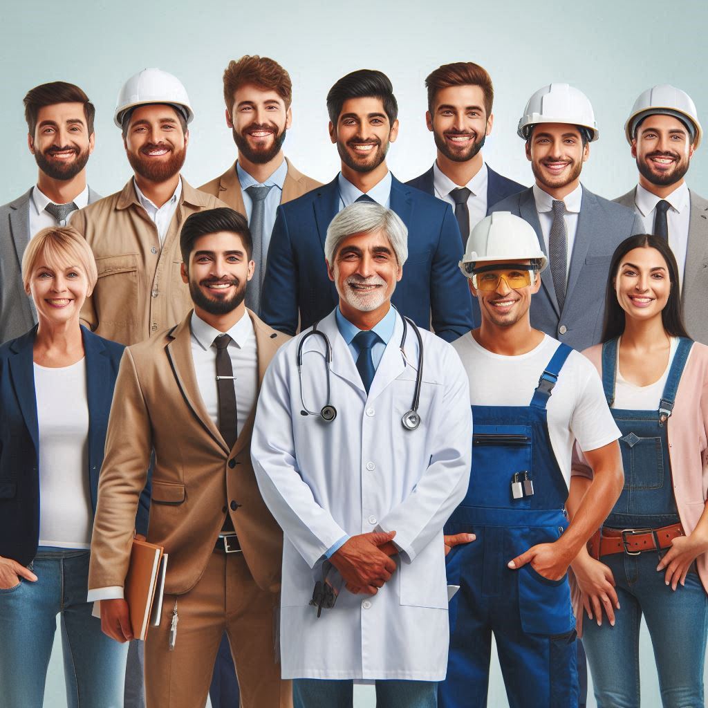 Un grupo de profesionales de servicios alegres entre ellos doctores, abogados, arquitectos, dentistas, estilistas, y otros.