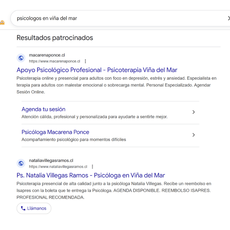 Ejemplo de resultados patrocinados de Google Ads para una búsqueda de psicólogos en Viña del Mar, representando intención de búsqueda en salud.