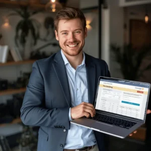 hombre feliz porque su página web esta optimizada con SEO y marketing