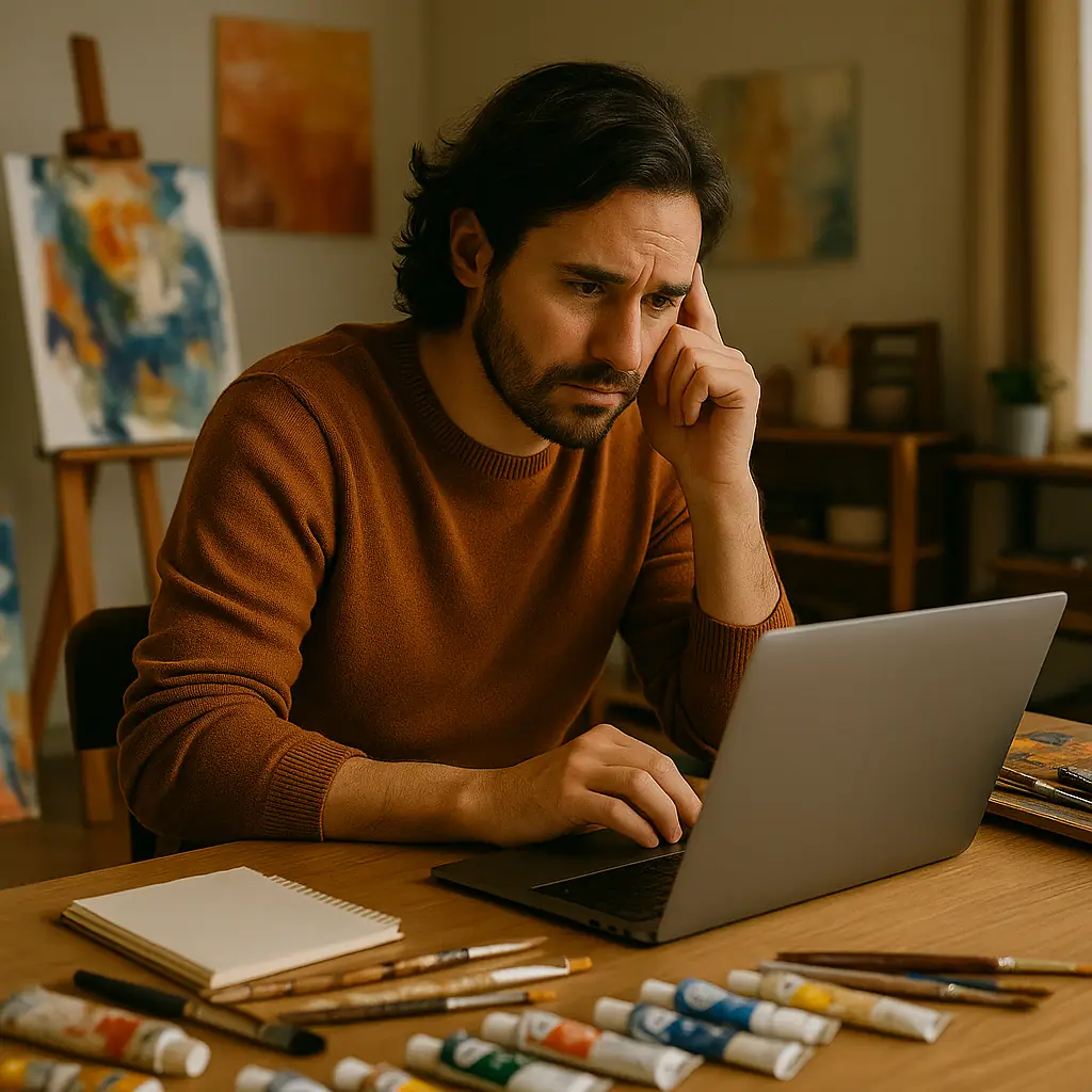 Artista independiente preocupado en su estudio observando sus malas ventas sus demostrando la importancia del marketing y publicidad para aumentar conversion
