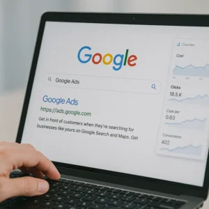 imagen de un lapton con Google Ads y un cliente buscando una auditoria