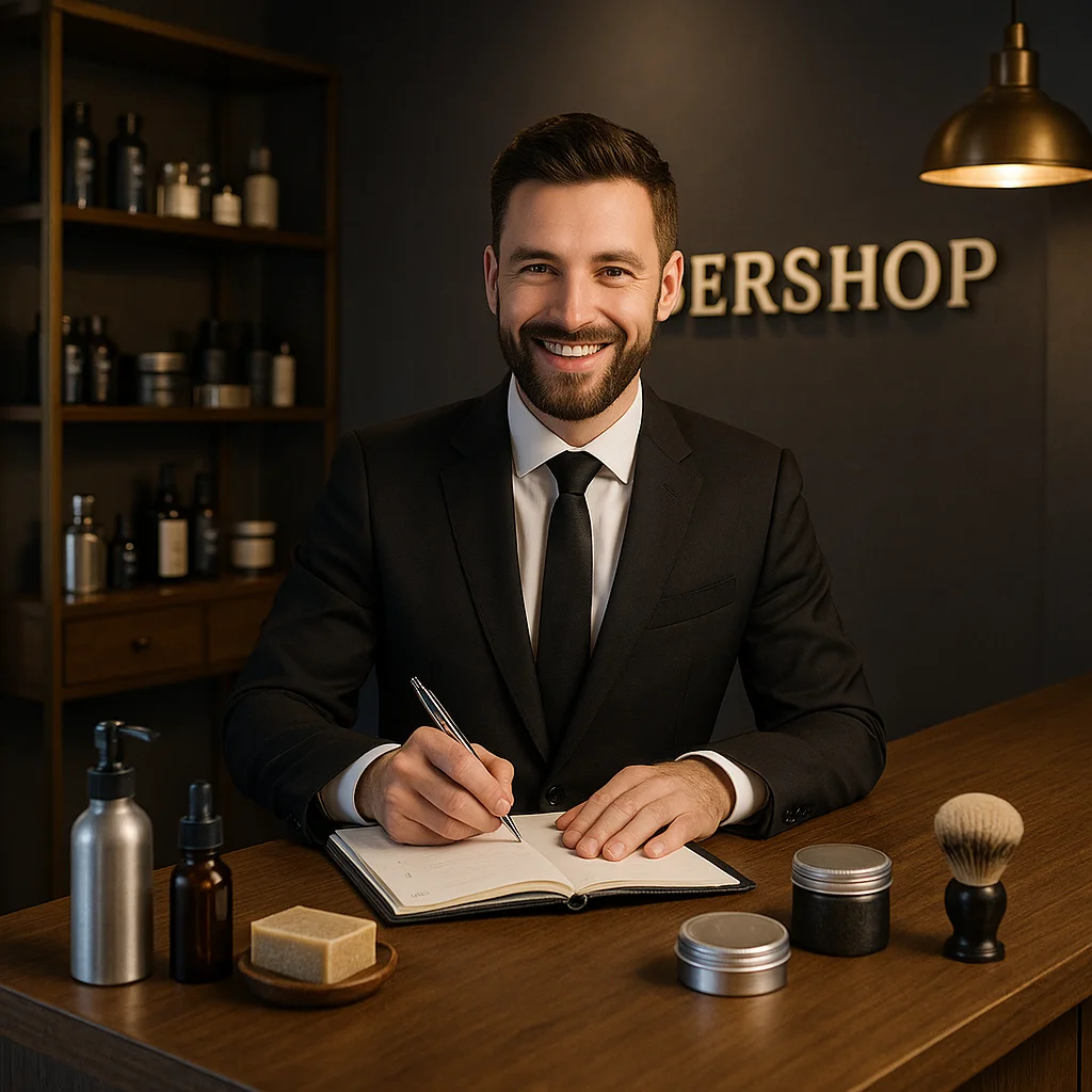 dueño de una Berbería se encuentra feliz en su recepción con su consultoría en marketing y publicidad que le trajo muchos clientes