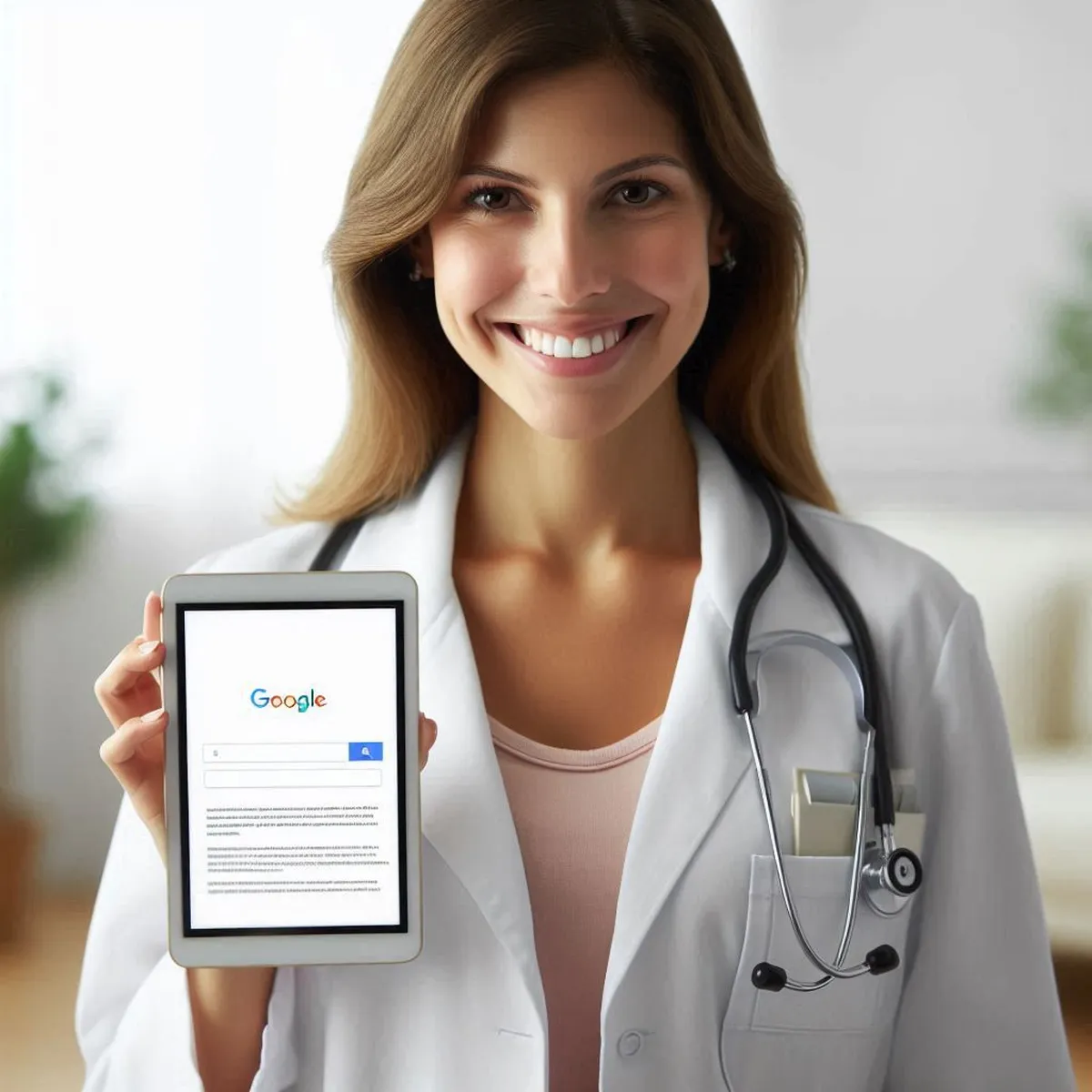 profesional de la salud mostrando google con el fin de anunciar en google ads y de posicionarse en motores de búsqueda