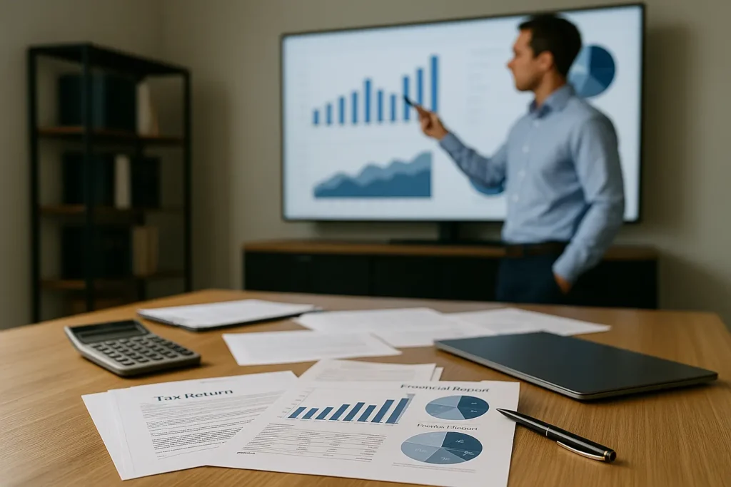 Documentos contables y reportes financieros en primer plano, mientras un contador analiza gráficos en pantalla. Un ejemplo de cómo el marketing y publicidad digital