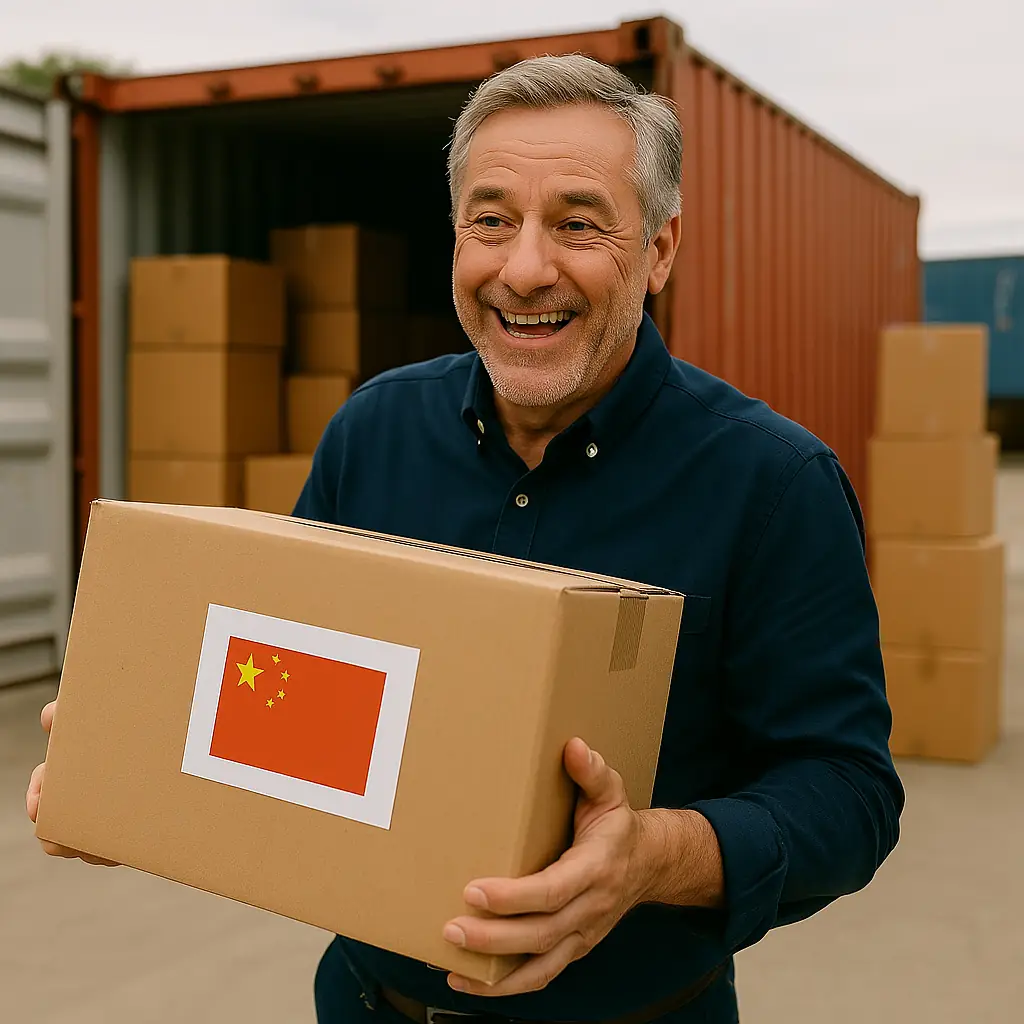 Emprendedor recibiendo mercancía importada desde China, destacando cómo el marketing y ventas ayudan a mover inventario y potenciar la estrategia de exportaciones.