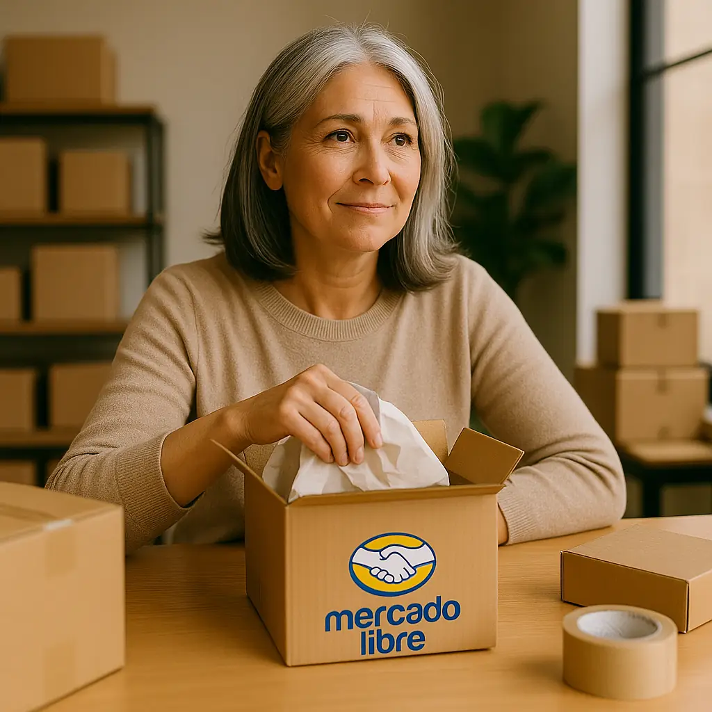 Emprendedora preparando envíos para Mercado Libre, mostrando la importancia del marketing y ventas para aumentar visibilidad y mejorar sus resultados en el marketplace.