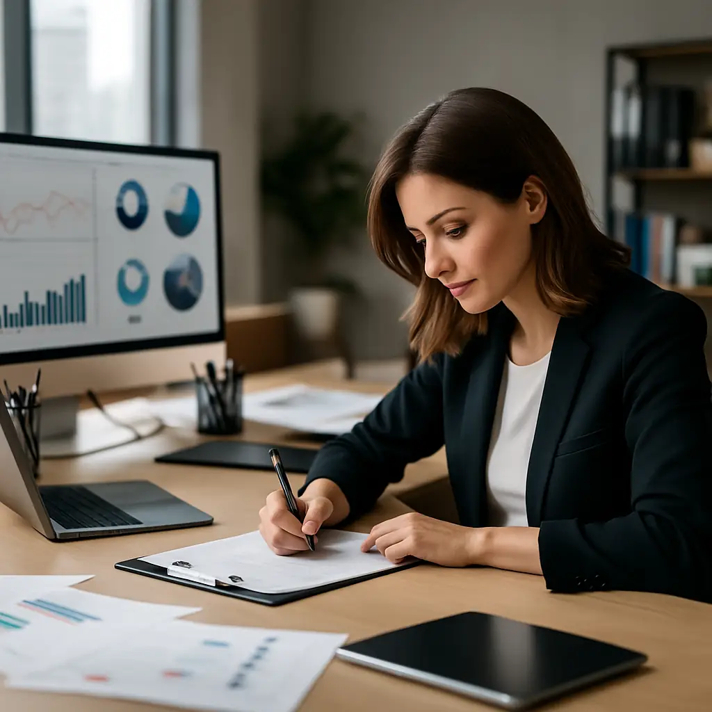 Imagen de una mujer profesional analizando métricas y reportes en una oficina moderna, destacando cómo el marketing y publicidad permiten mejorar y optimizar resultado