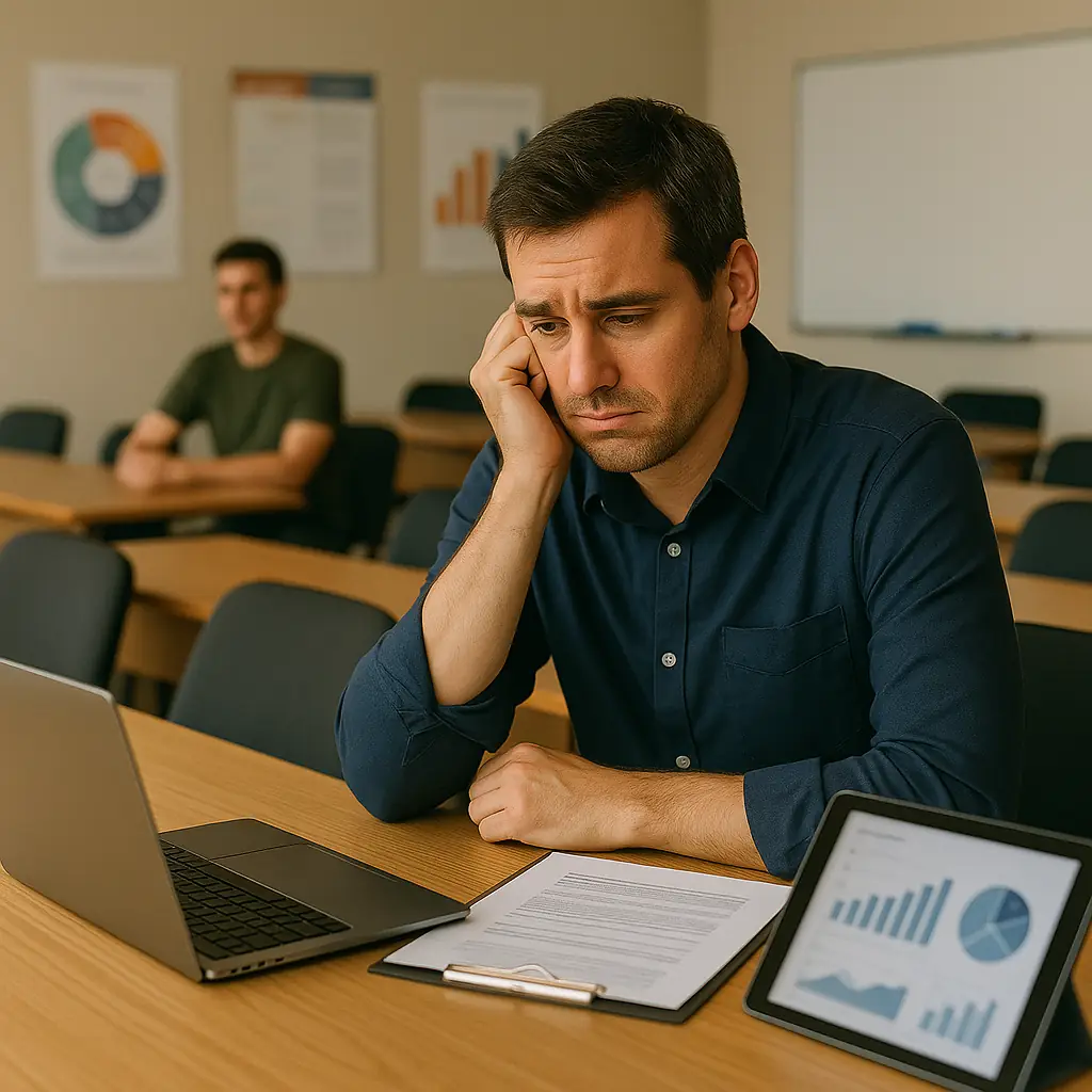 Profesor preocupado en una sala casi vacía, simbolizando la baja asistencia y cómo un buen marketing y publicidad pueden aumentar las inscripciones y llenar los cupos educativos.