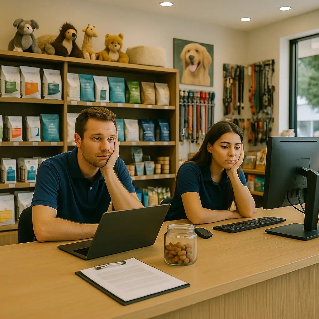 Trabajadores en una tienda de mascotas sin clientes, reflejando la necesidad de mejorar el marketing y ventas locales para aumentar la afluencia y la demanda.