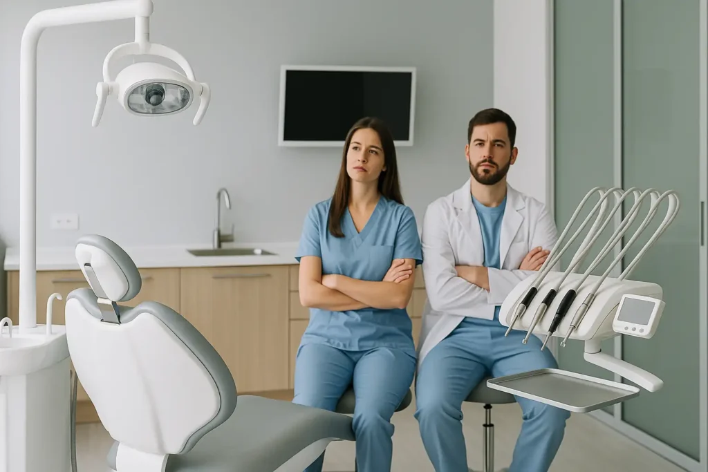 Clínica dental moderna sin pacientes, con dos profesionales sentados y con expresión de aburrimiento, reflejando la falta de atención por problemas de comunicación, marketing y visibilidad online.