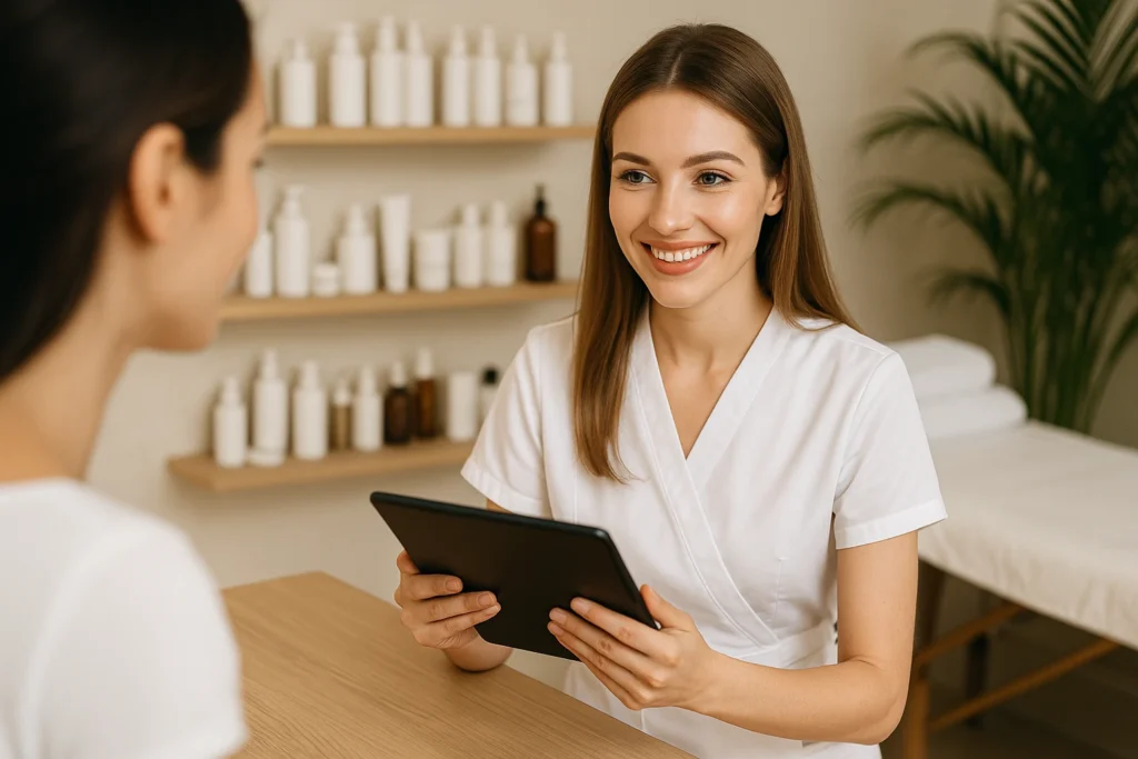 mujer recibiendo a mas clientes en su centro de belleza y peluquería, se ve feliz