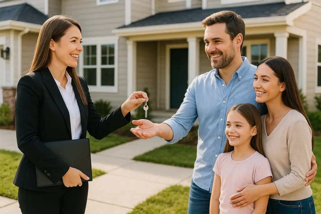 corredora de propiedades entrega una propiedad a una familia gracias al marketing digital