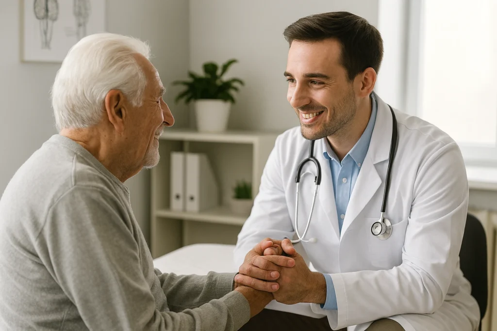 Doctor atendiendo con cercanía a un paciente mayor en su consulta médica, representando servicios de marketing para salud y estética.