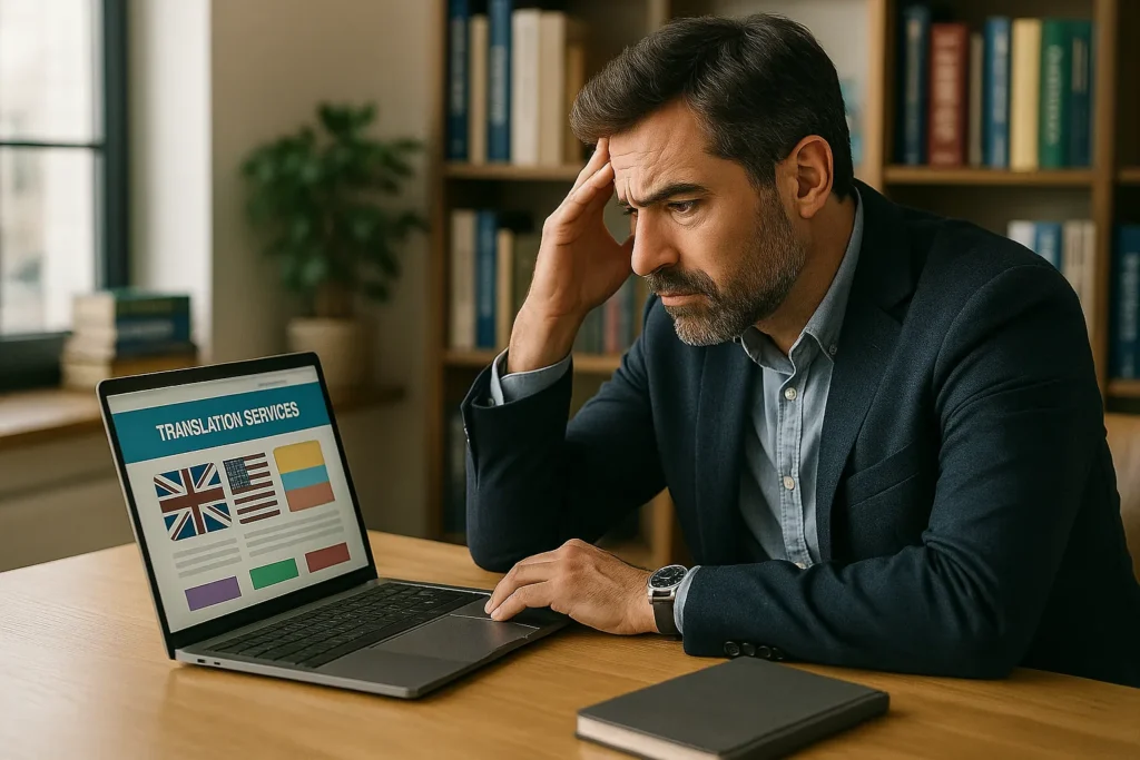 "Dueño de una academia de traducción revisando su página web poco optimizada, representando la necesidad de mejorar marketing digital y publicidad para aumentar matrículas."