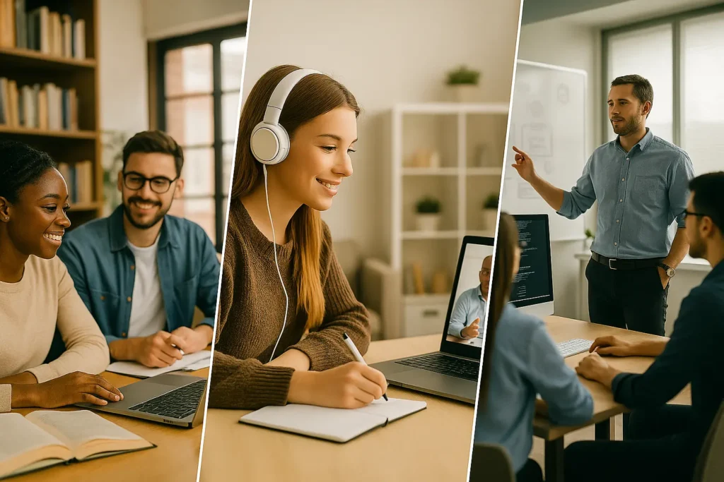 Equipo educativo en modalidad presencial y online representando servicios de marketing y publicidad para universidades, academias, cursos y capacitación profesional.