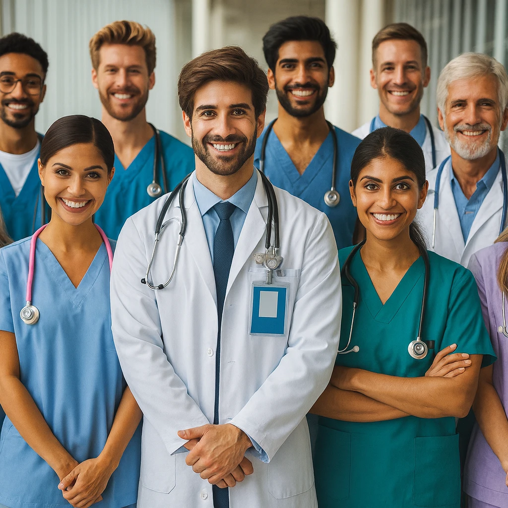 Equipo médico multidisciplinario sonriendo en un centro de salud, representando profesionales de distintas especialidades trabajando en conjunto.