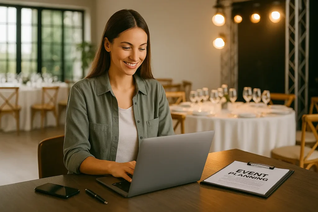 "Profesional organizando eventos desde su laptop mientras gestiona estrategias de marketing y publicidad para aumentar reservas y contrataciones."