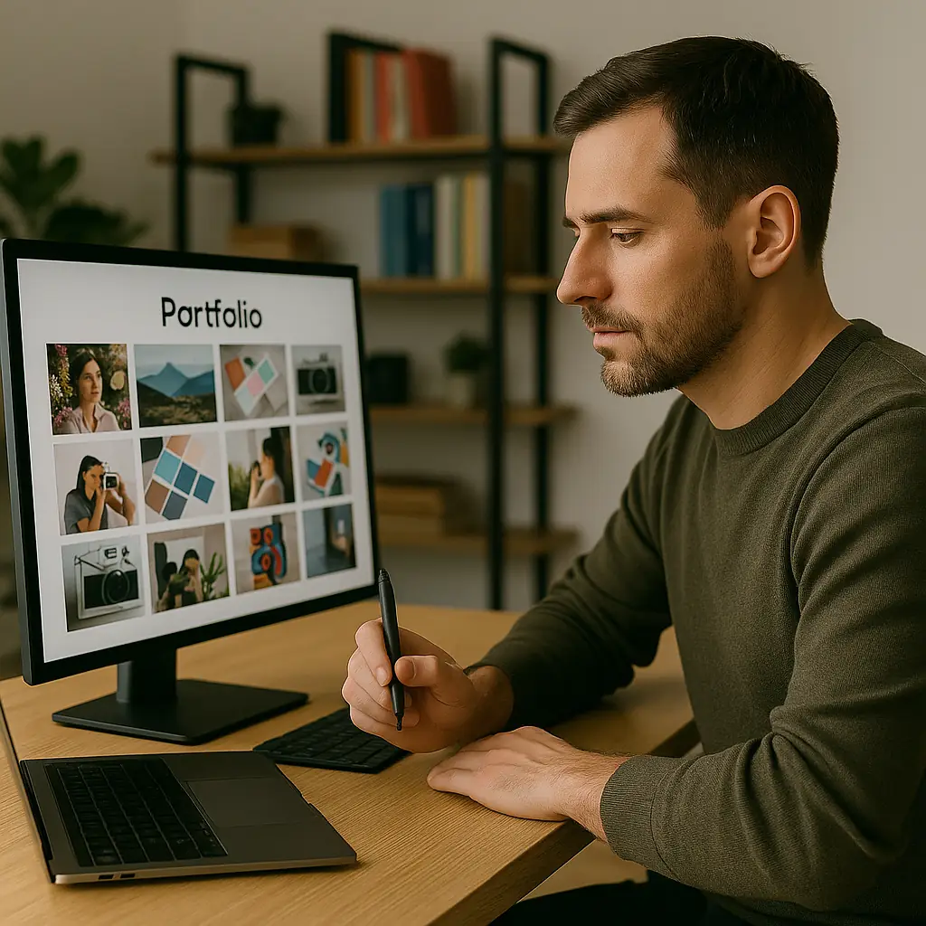 Creativo visual examinando su portafolio digital en una pantalla grande dentro de un estudio moderno, ejemplificando cómo el marketing y publicidad profesional son clave para destacar, atraer proyectos y posicionar servicios creativos.