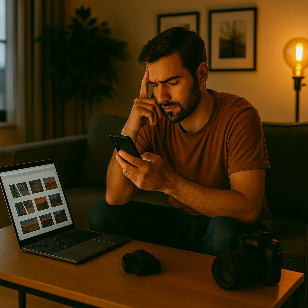 Fotógrafo preocupado revisando su teléfono en casa al atardecer, con su cámara y laptop frente a él, reflejando falta de clientes debido a una estrategia de marketing y publicidad poco efectiva.