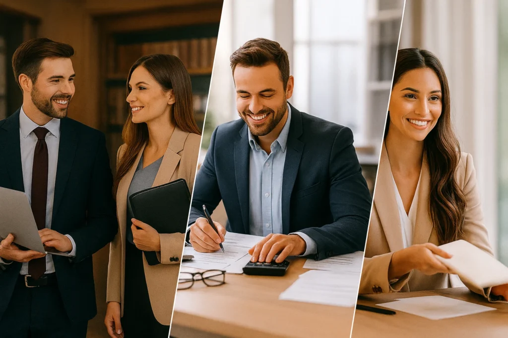 "Tres escenas profesionales mostrando abogados, un contador y una notaria en sus oficinas, representando servicios de marketing y publicidad para estudios jurídicos, contables y notarías."