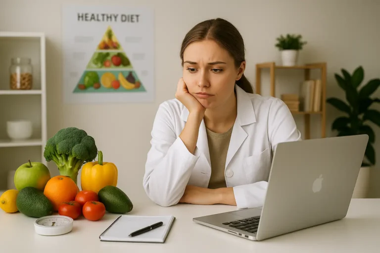 Nutricionista en su consulta mirando su laptop con expresión de frustración porque su página web no le genera clientes, destacando la importancia del marketing y la publicidad para atraer pacientes.