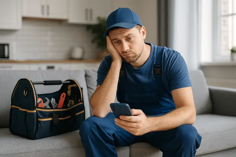 profesional de gasfiteria no tiene clientes ya que no realiza marketing y espera triste que le contacten