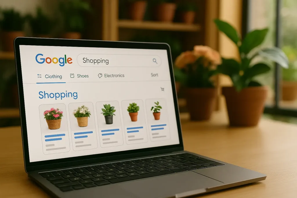 Laptop mostrando resultados estilo Google Shopping en una tienda de flores, simbolizando problemas de visibilidad, SEO y marketing para productos que no aparecen en Google Shopping