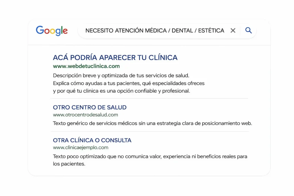 Resultados de Google mostrando cómo podría aparecer una clínica de salud, dental o estética con buen posicionamiento SEO frente a otros centros médicos competidores.