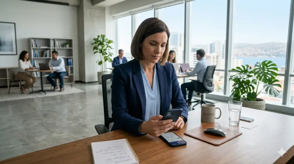 Una empresaria analizando gráficos de rendimiento de ventas Q3 en un ordenador portátil en una oficina moderna, planificando una estrategia de Instagram Ads.