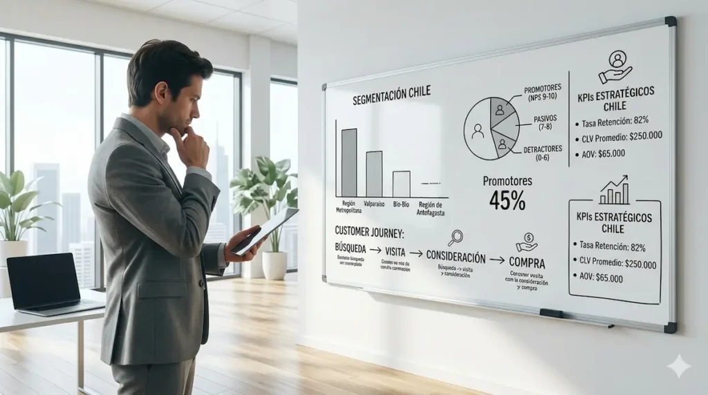 Un ejecutivo de negocios de pie en una oficina moderna, analizando gráficos de marketing y KPIs estratégicos de Chile en una pizarra blanca.
