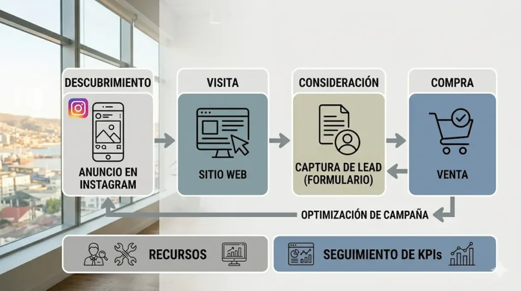 Diagrama que muestra el flujo de marketing digital en español, desde un anuncio de Instagram hasta la visita al sitio web, la captura de leads, la venta y la optimización.
