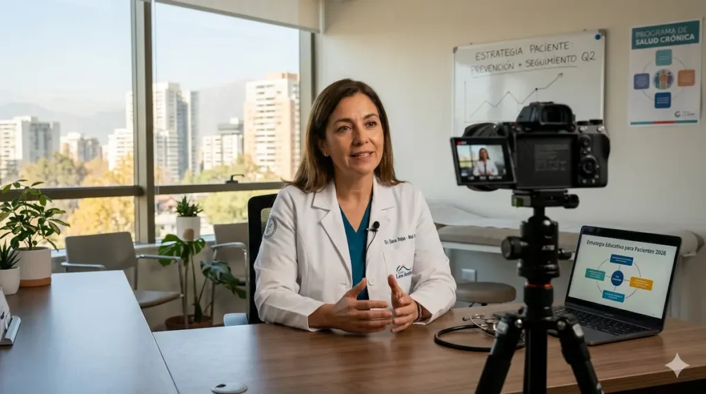 Una doctora en su consulta de Las Condes, Chile, graba un video educativo frente a una cámara en un trípode, con vistas a la ciudad de Santiago.