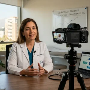 Una doctora en su consulta de Las Condes, Chile, graba un video educativo frente a una cámara en un trípode, con vistas a la ciudad de Santiago.