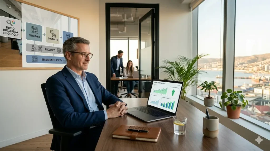 Empresario de mediana edad con gafas y traje azul, sentado en un escritorio de madera, observando gráficos de crecimiento en un portátil, con un diagrama de marketing en la pared y vista panorámica al mar en Valparaíso, Chile.