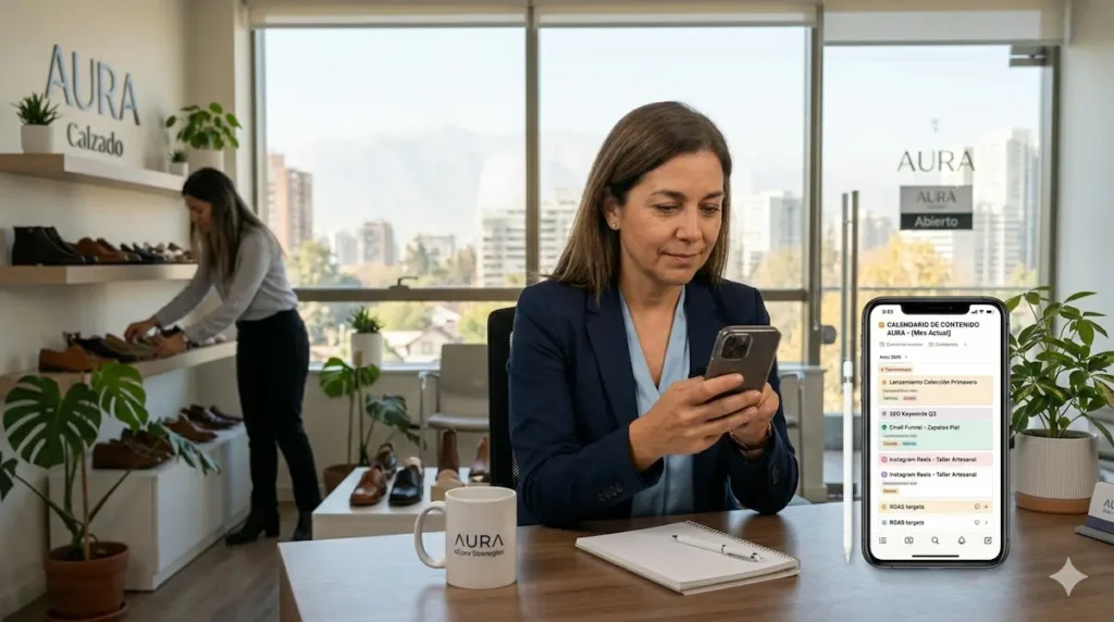 Una empresaria en una oficina en Santiago, Chile, revisa su calendario de contenido en un celular en su tienda de calzado.