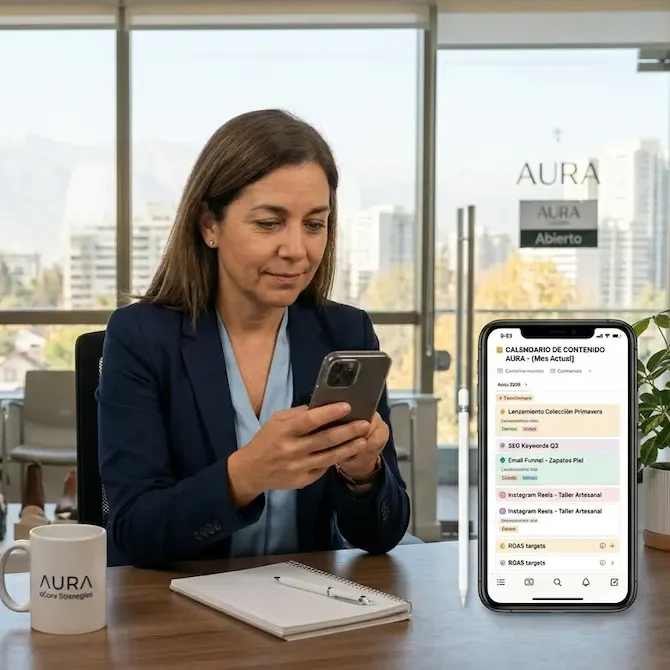 Una empresaria en una oficina en Santiago, Chile, revisa su calendario de contenido en un celular en su tienda de calzado.