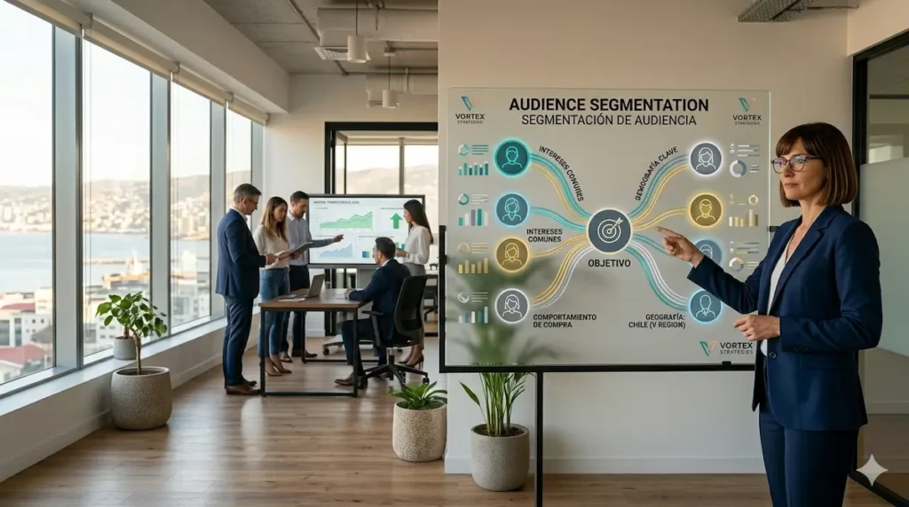 Profesional de Vortex Strategies en oficina de Valparaíso señalando panel de visualización de datos titulado "SEGMENTACIÓN DE AUDIENCIA", con un diagrama que detalla criterios clave de segmentación.
