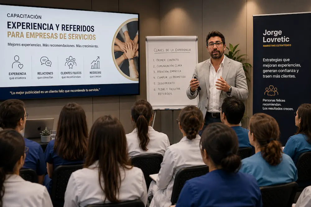 Jorge Lovretic realizando una capacitación sobre experiencia del cliente y estrategias de referidos para empresas de servicios, frente a profesionales de la salud en una sala de conferencia moderna.