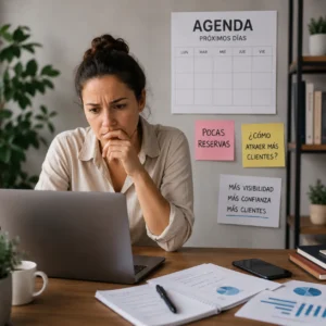 Emprendedora de empresa de servicios preocupada por atraer más clientes y mejorar su marketing digital mediante consultoría estratégica.