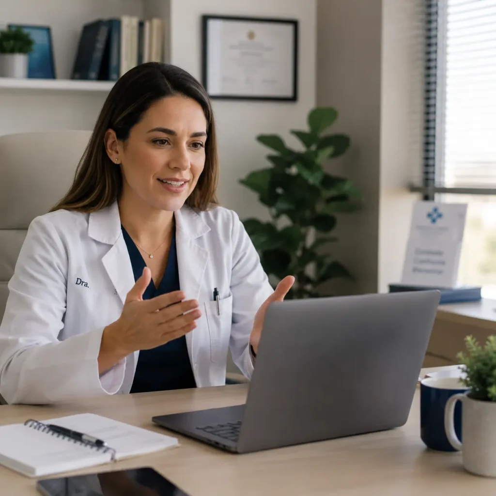 Doctora en videollamada analizando estrategias de marketing y captación de pacientes para mejorar el posicionamiento de su consulta médica.