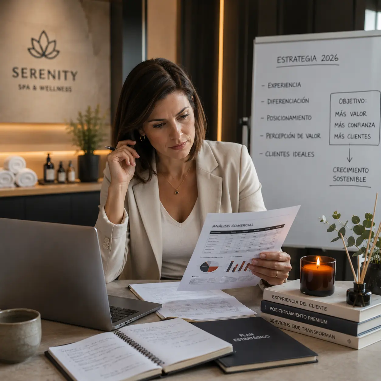 Dueña de spa wellness revisando estrategia, diferenciación y percepción de valor para crecer su negocio
