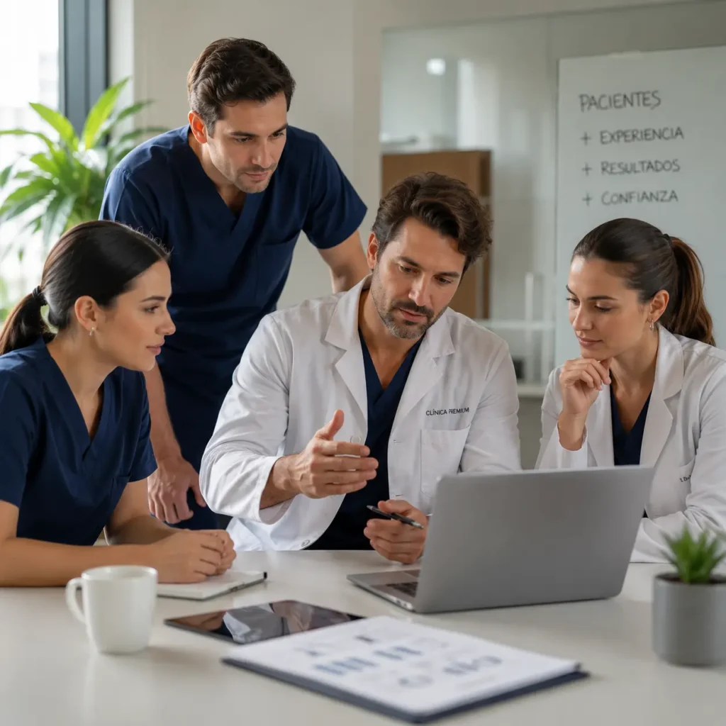 Equipo médico analizando experiencia del paciente y estrategias de confianza en clínica premium