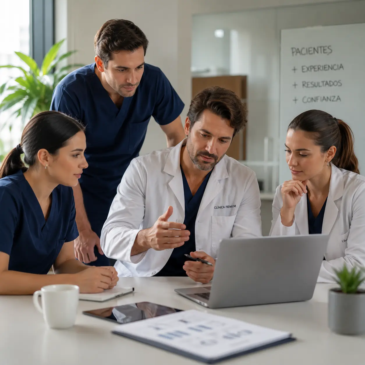 Equipo médico analizando experiencia del paciente y estrategias de confianza en clínica premium