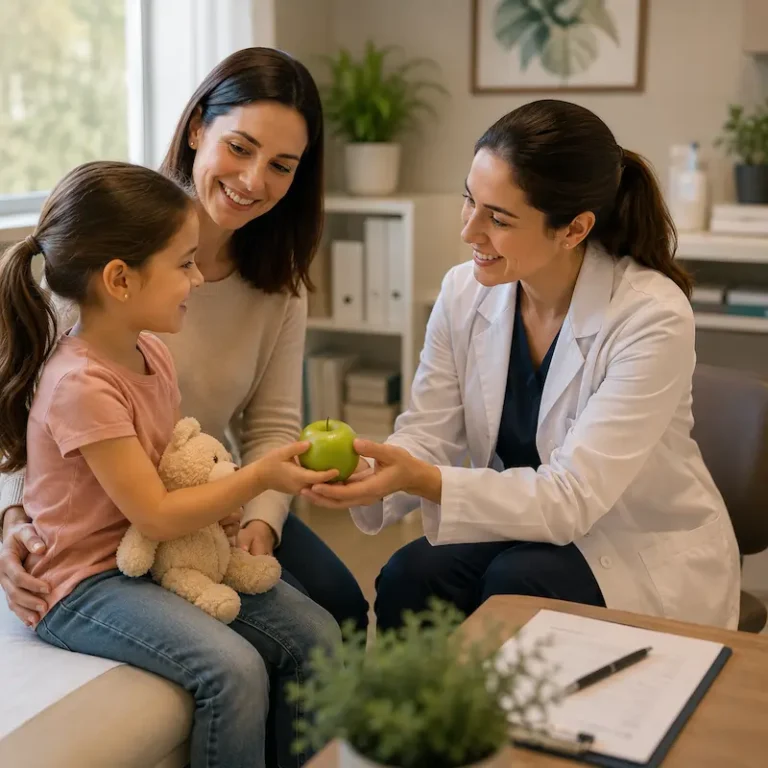 Doctora atendiendo de forma cercana y amable a una niña junto a su madre en una consulta médica moderna, transmitiendo calidez, confianza y buena experiencia del paciente.