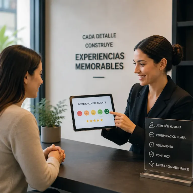 Recepcionista atendiendo cordialmente a una clienta en una recepción moderna de hotel o empresa de servicios, transmitiendo profesionalismo, confianza y buena experiencia de atención.