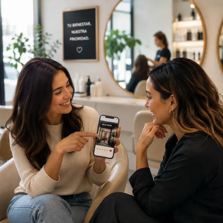 Dos amigas conversando en un salón de belleza moderno mientras una recomienda el lugar a la otra mostrando su celular, transmitiendo confianza, cercanía y recomendación natural del servicio.