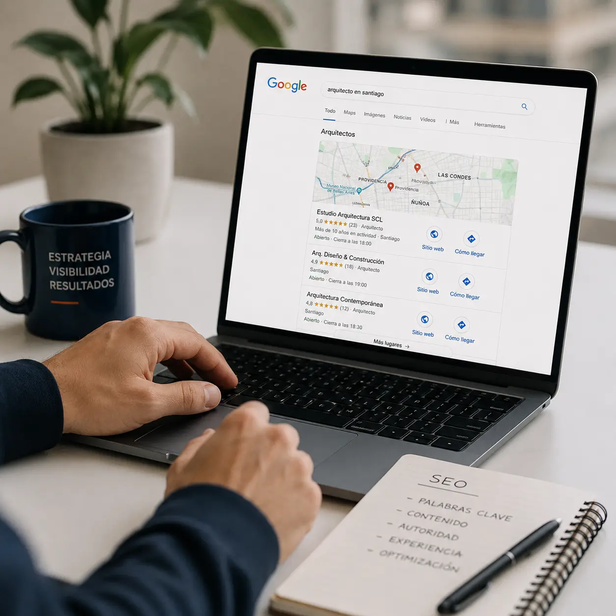 Consultor revisando estrategias SEO y posicionamiento en Google para empresas de servicios