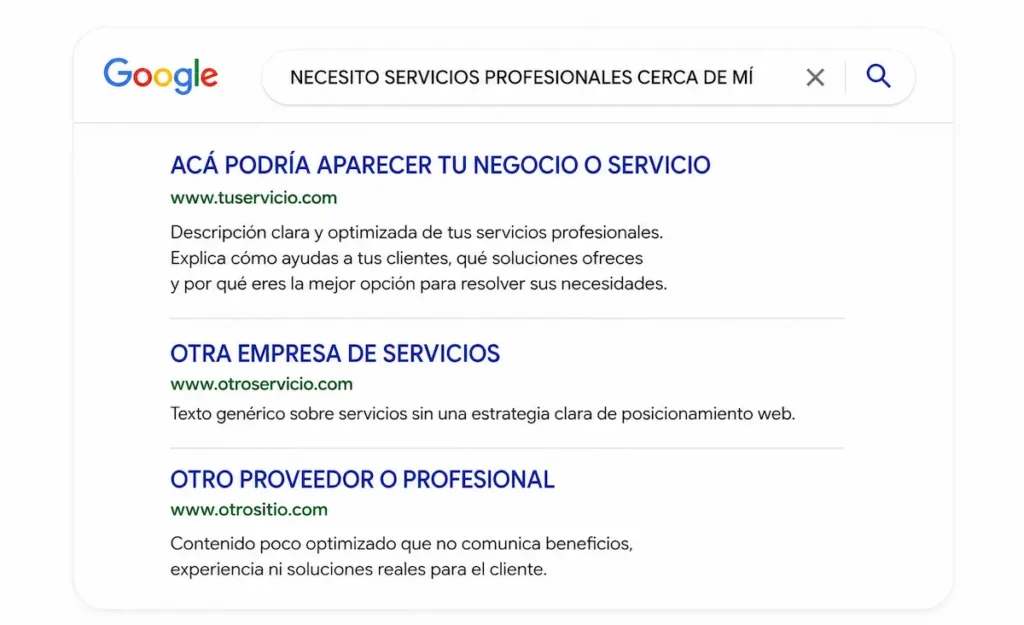 Ejemplo de posicionamiento SEO en Google para empresas de servicios mostrando resultados orgánicos optimizados para atraer clientes desde búsquedas en internet.